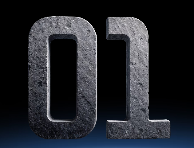 Monumental metallic number 01 on a deep blue background